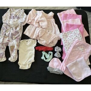 Mixed Brands 17pc Girls 0-3M Bundle Pink Floral Bunny Layette Blankets